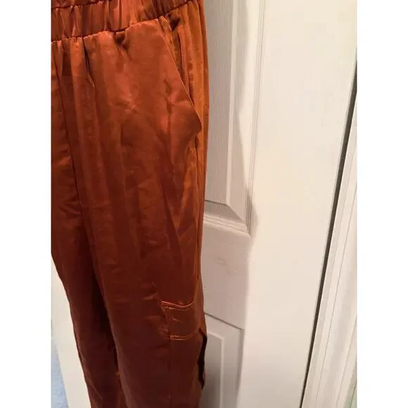 Skies Are Blue Satin Jumpsuit M Brown Cowl Neck Wide Leg Chic NWT - Picture 3 of 12